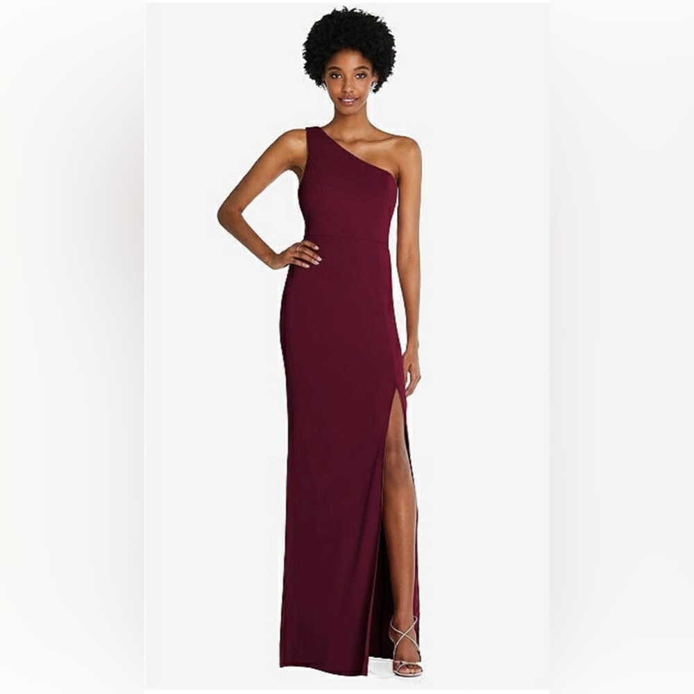 Dessy Group - ONE-SHOULDER CHIFFON TRUMPET GOWN IN CABERNET - NWOT